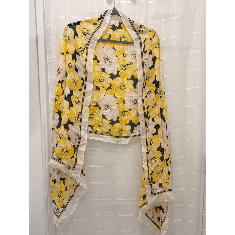 Talbots Yellow Floral Modal Silk Blend Oversized Wrap Scarf Eyelash Fringe